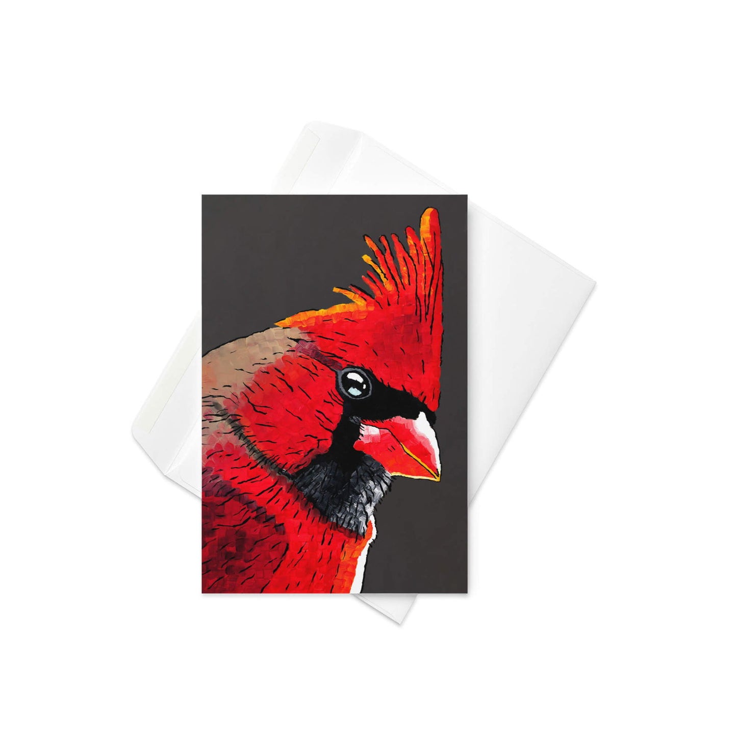 Close-up of 4x6 cardinal greeting card featuring vivid red bird prints and cardinal prints artwork – nature-inspired note card with bold color detail