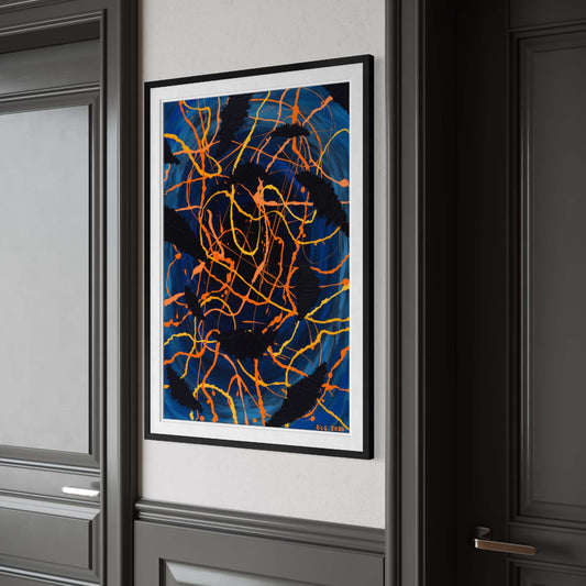 Darkness Conspiers 2 framed print angled on a dark paneled hallway wall showing orange drips