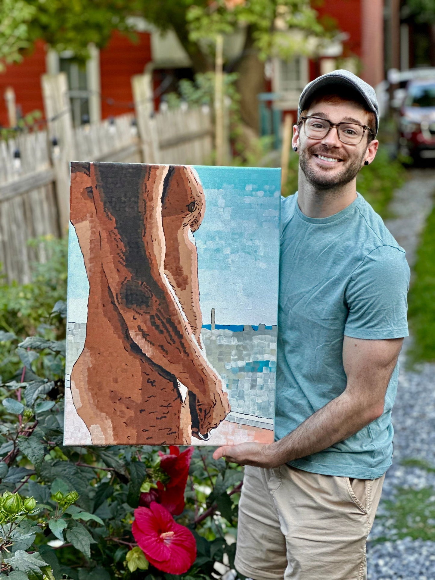 Artist Dorrin Gingerich holding Naked Window original art print – unique artwork for wall display or collection.