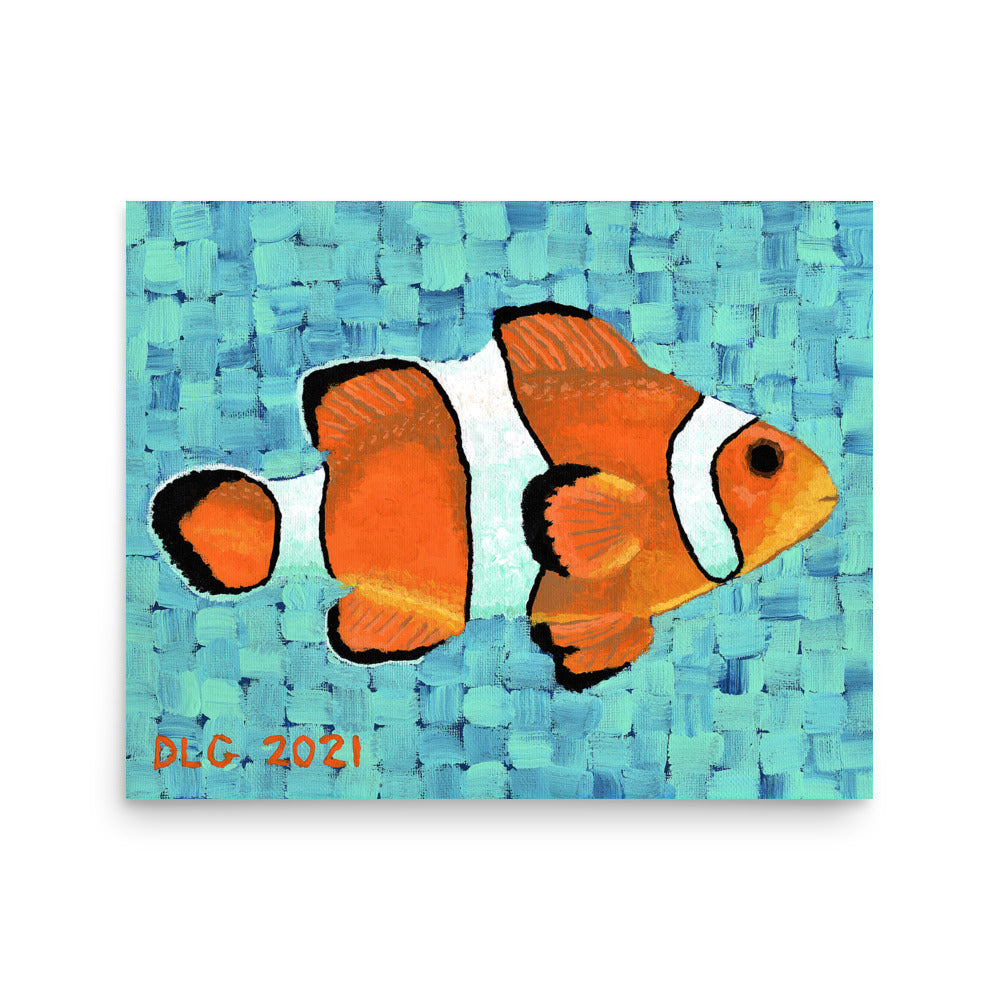 Painting of two clownfish on a textured blue background - Clownfish art print on wall – decorative print and painting print inspired by nature prints and vibrant artwork.