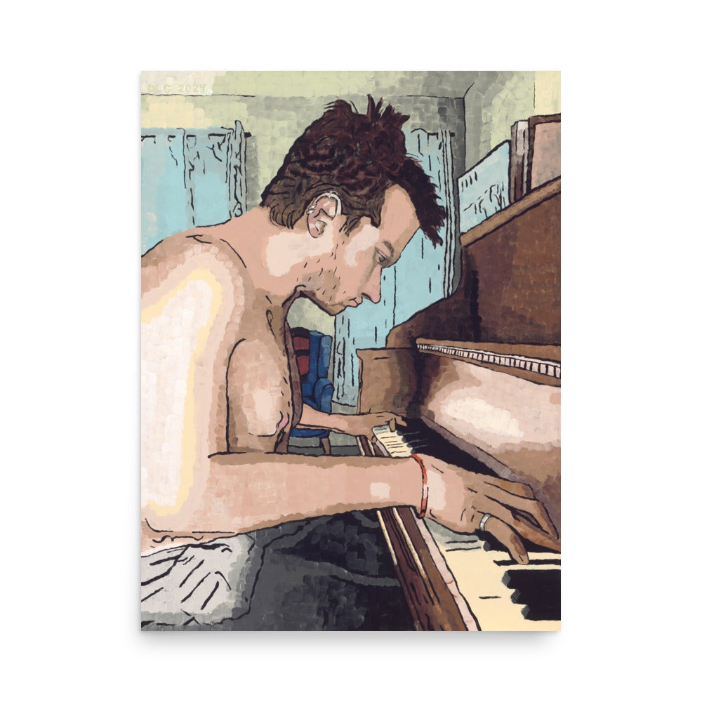 Illustration of a shirtless man playing a piano in a room with a window.
