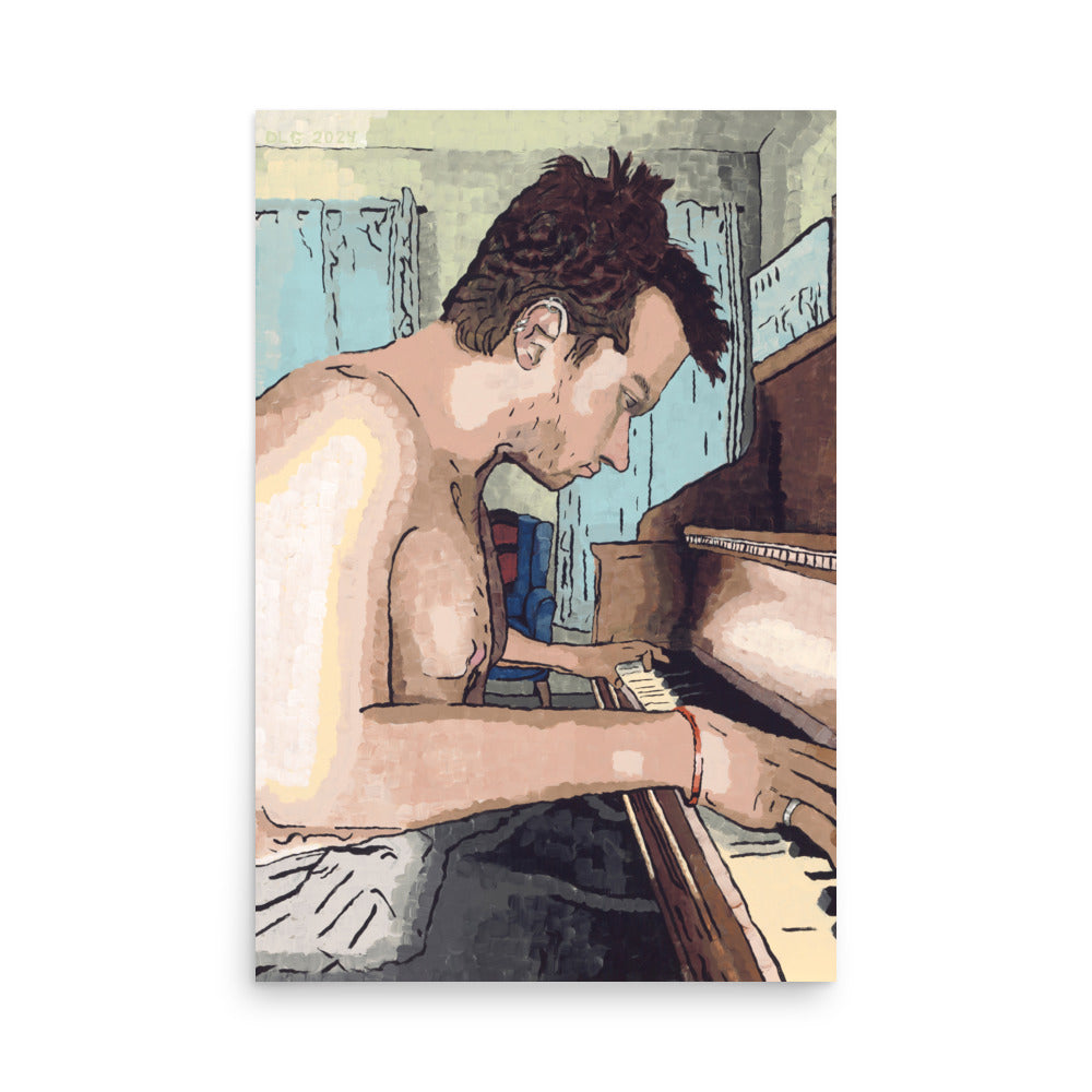 Illustration of a shirtless man playing a piano with a cityscape in the background
