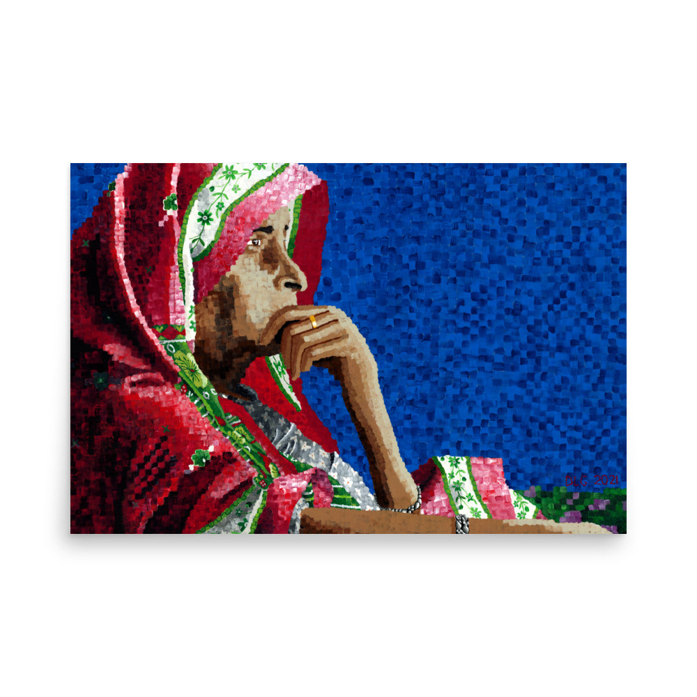 Person wearing a colorful headscarf with a blue textured background