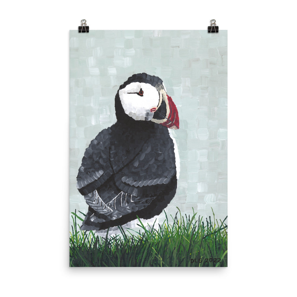 A stunning painting of a puffin perched in lush greenery, bringing natural beauty and serenity into your home.