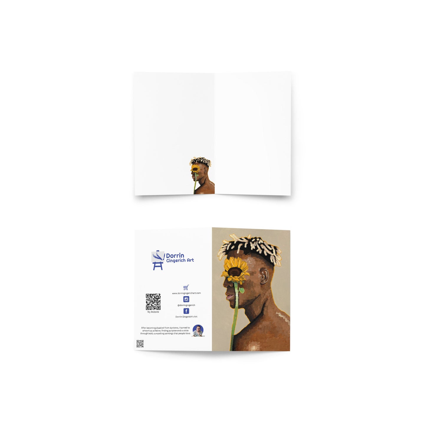 Two cards featuring images of individuals with decorative headpieces on a white background.