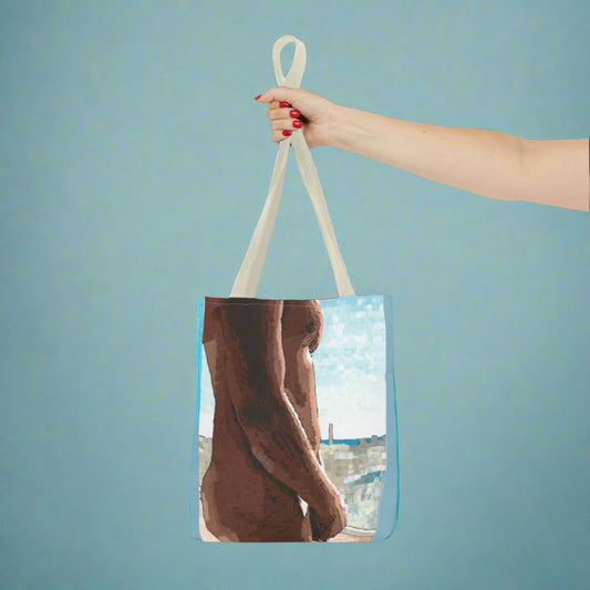 Hand holding Naked Window tote bag with original artwork – quality artwork and print art work shown clearly.