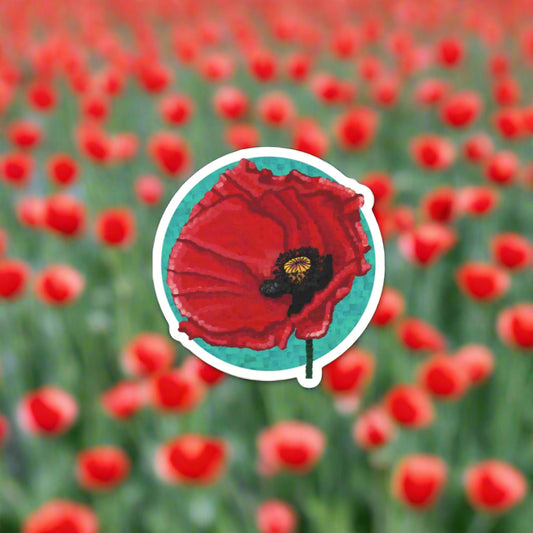 Red poppy flower sticker on a black background