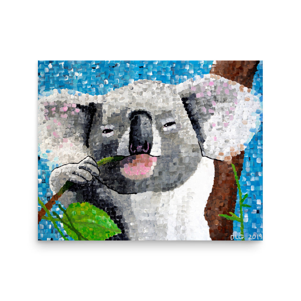 Front-facing koala canvas art print with blue nature background – original canvas wall art showcasing playful Aussie wildlife in textured brushstrokes