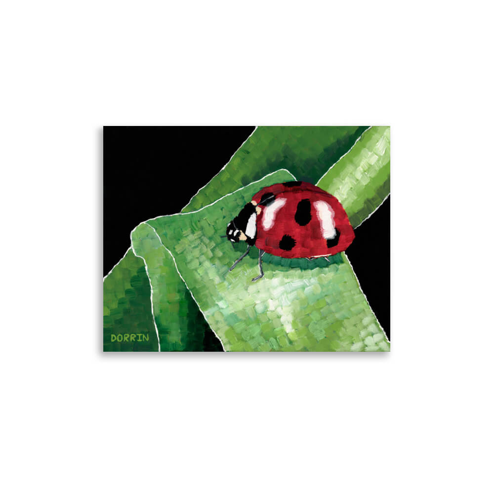 Ladybug on green leaf art print 11x14, wildlife insect painting by Dorrin Gingerich