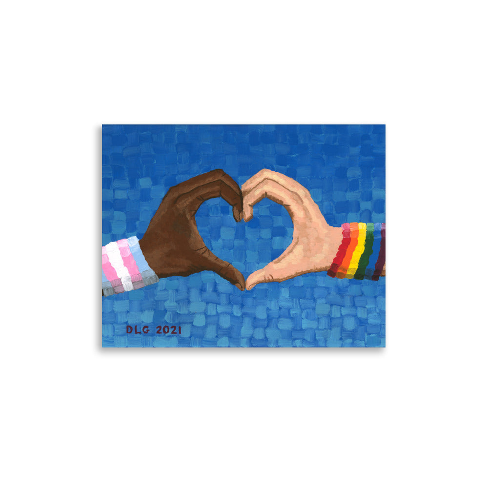 Flat lay of the Loving Pride poster print with a blue palette — LGBTQ artworks celebrating pride in painting and artistic love for art.