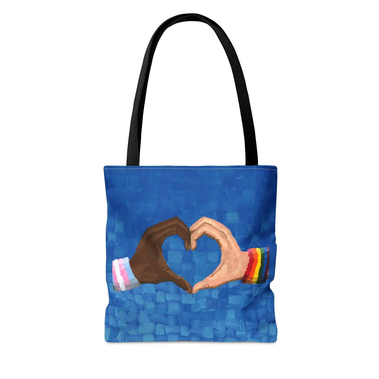 Loving Pride tote bag on a park bench — peaceful and proud, showcasing love artwork and LGBTQ visibility through expressive art.