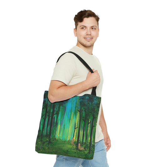 Man carrying Two Men in Forest tote bag – bold artwork and unique artwork nature prints for casual style.
