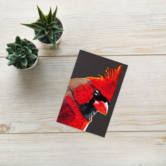 Mockup of cardinal note card with red cardinal painting in a cozy setting – perfect greeting card with painting of cardinal bird for bird lovers and stationery fans