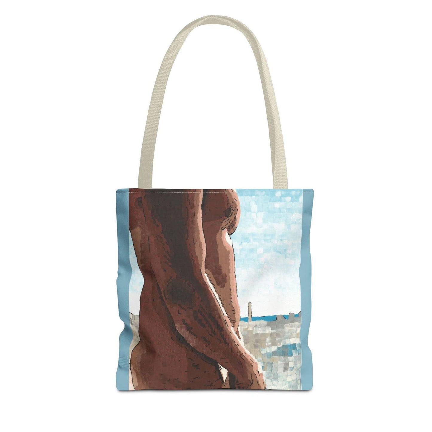 Detailed shot of Naked Window tote bag print – fun print and high quality art printed on durable polyester fabric.