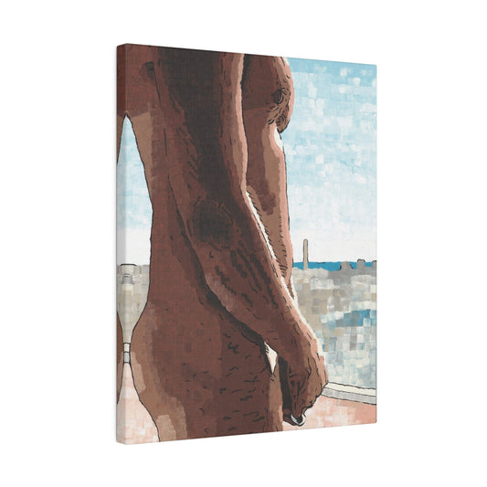 Naked Window canvas art print – mockup in a living room wall display – expressive modern wall decor featuring the natural human form in a city-inspired color palette. Perfect for prints for home