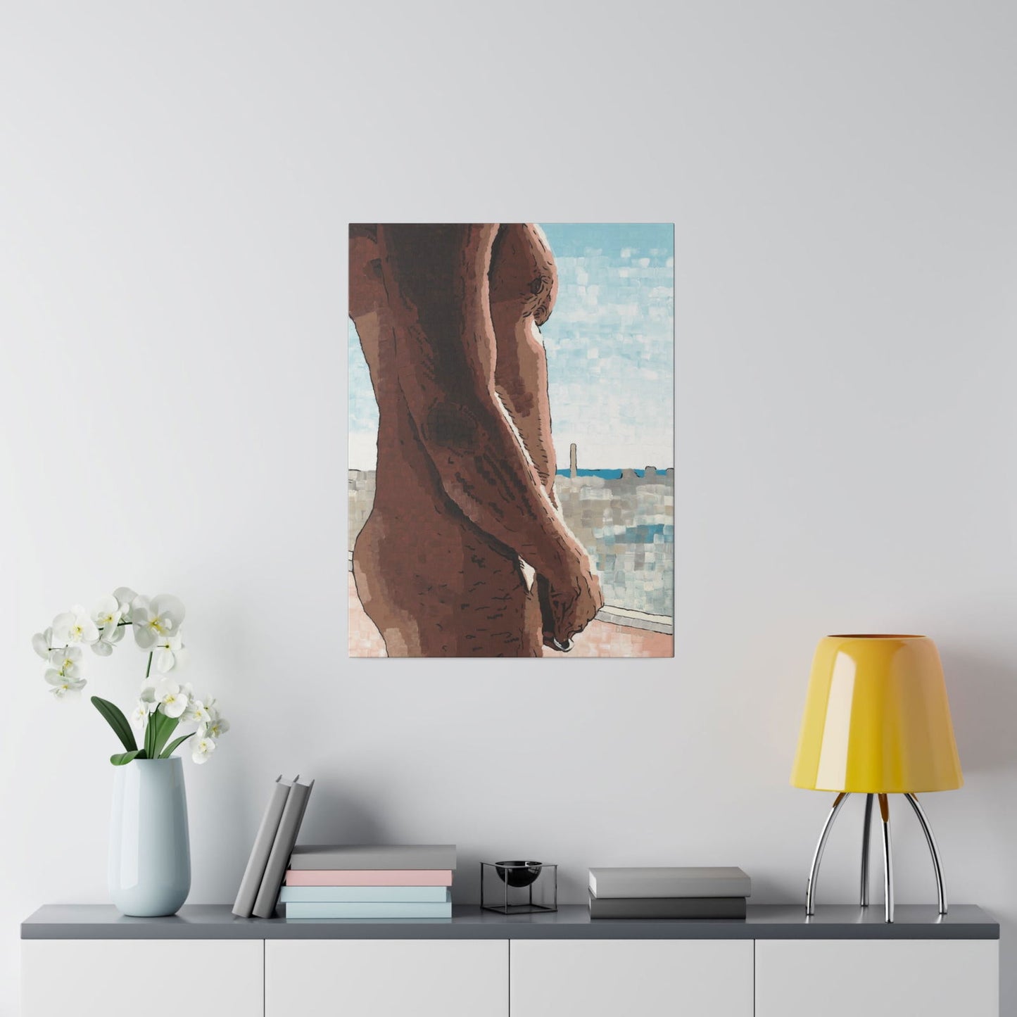 Naked Window canvas art print – close-up of corner showing canvas stretch and depth – expressive modern wall decor featuring the natural human form in a city-inspired color palette. Great for canvas paintings for sale near me