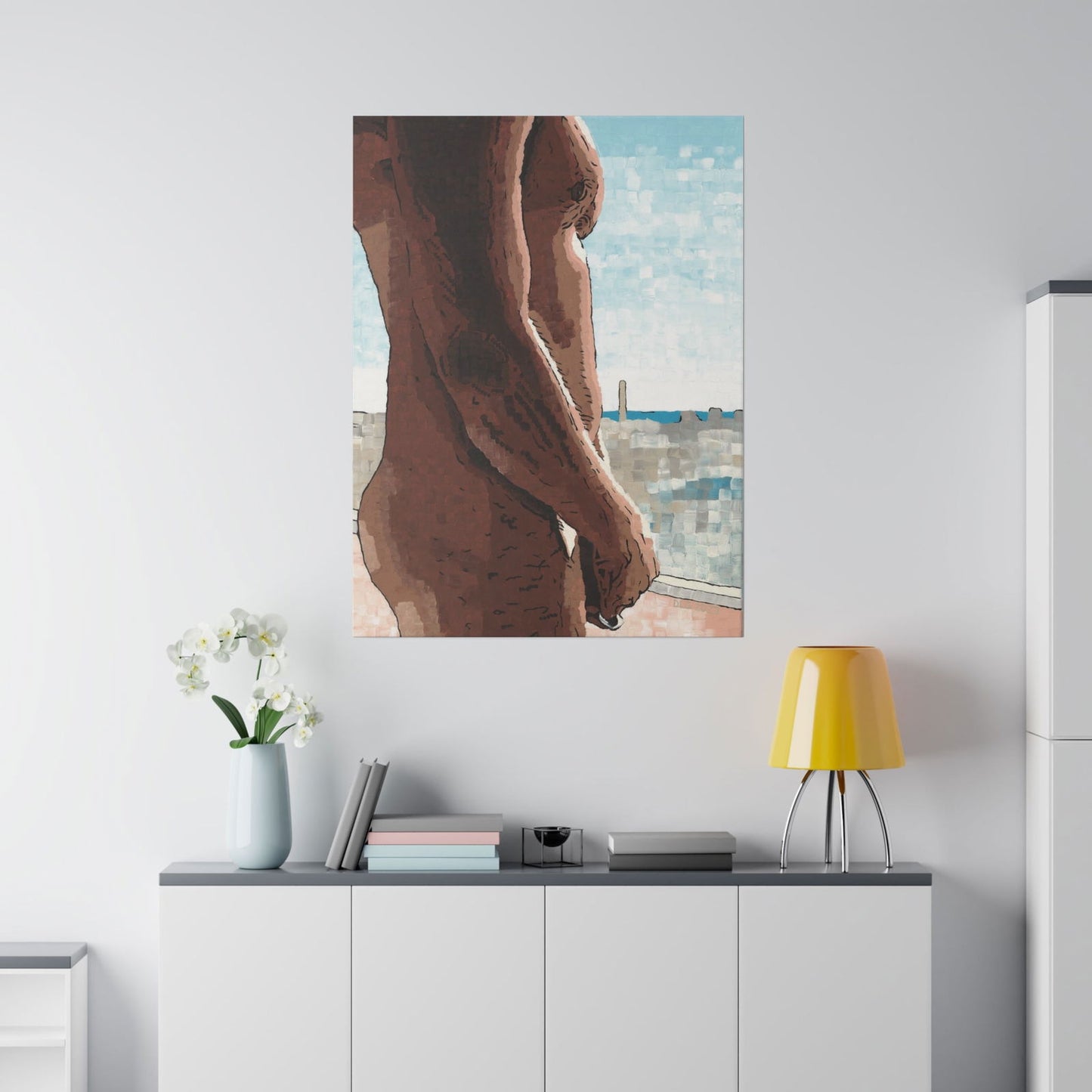 Naked Window canvas art print – framed wall art display with black frame – expressive modern wall decor featuring the natural human form in a city-inspired color palette. Perfect for posters and prints collections