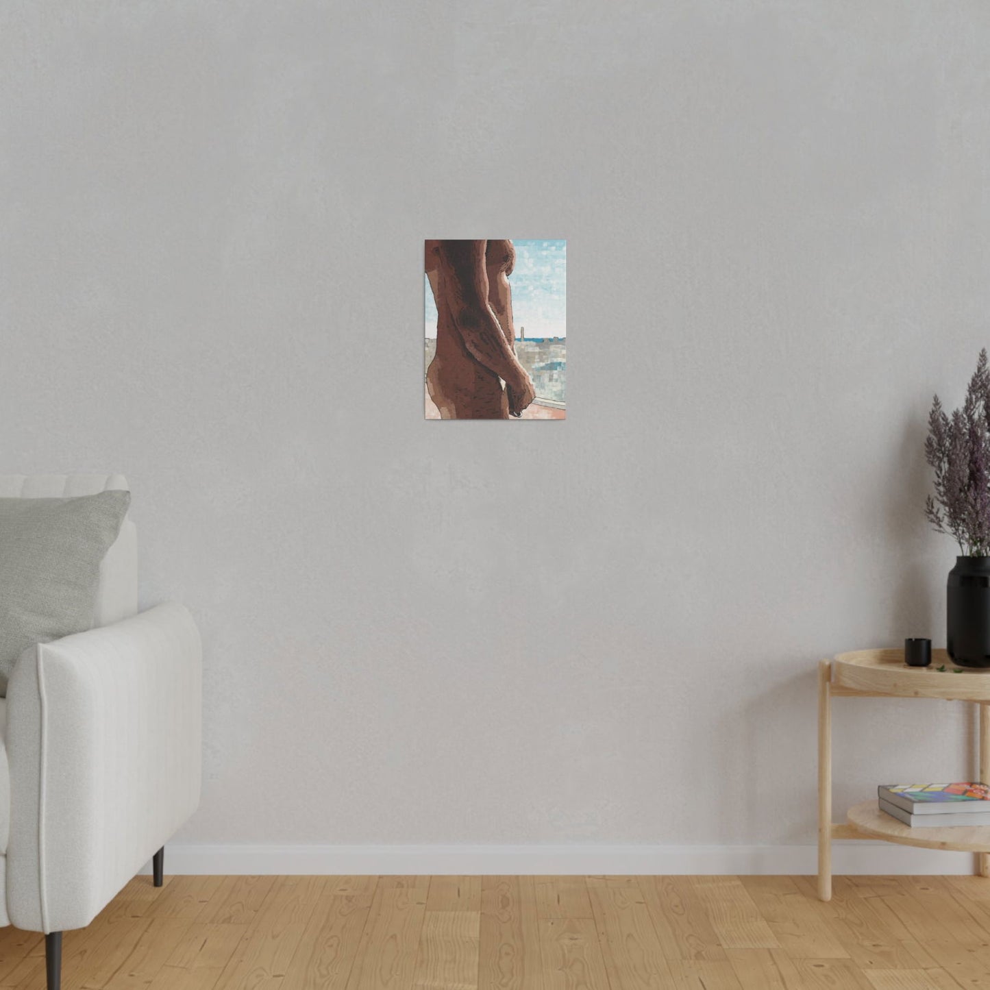 Naked Window canvas art print – shown with tag and packaging for shipping – expressive modern wall decor featuring the natural human form in a city-inspired color palette. Part of our canvas art decor line