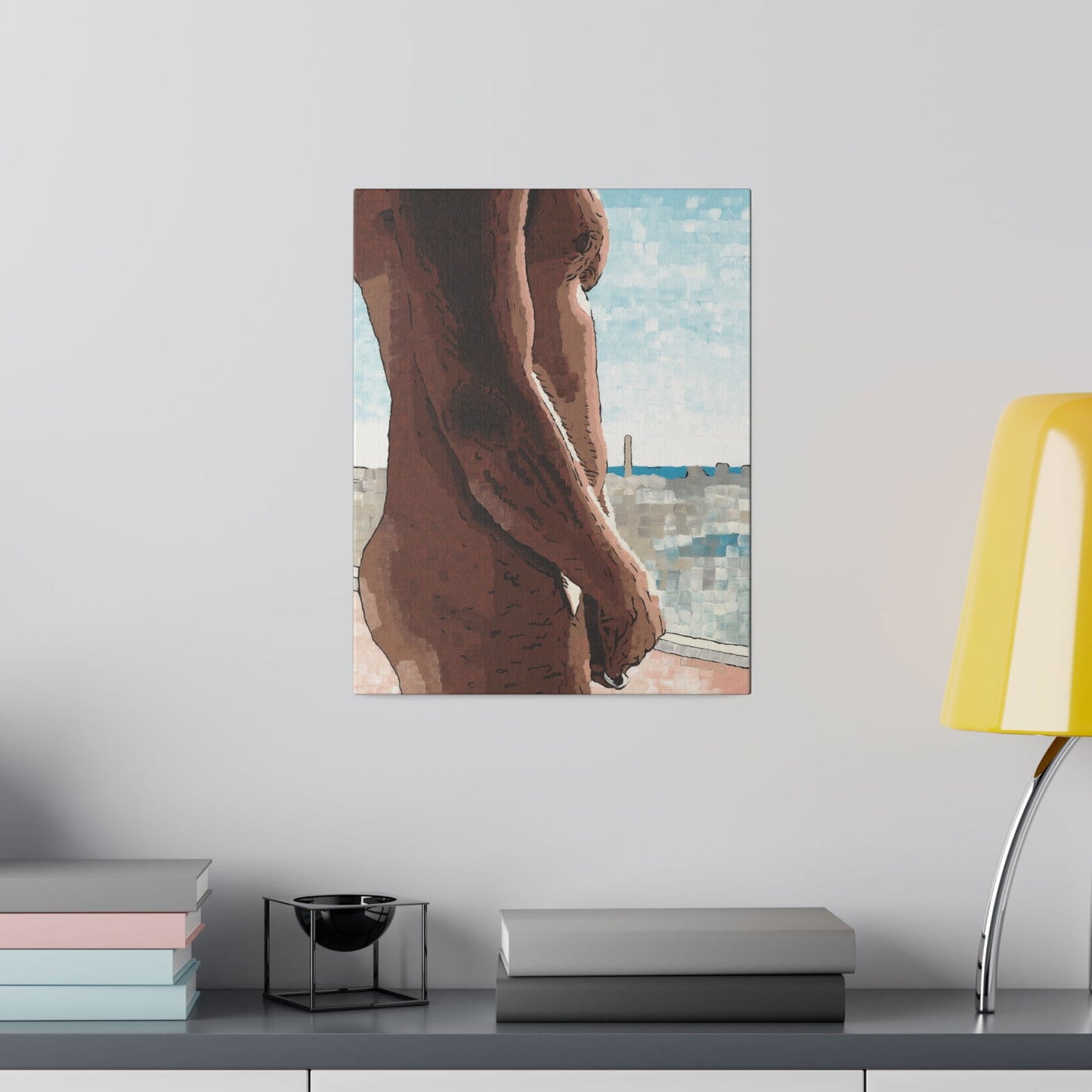 Naked Window canvas art print – flat-lay image with 30x40 size label – expressive modern wall decor featuring the natural human form in a city-inspired color palette. A standout piece of canvas wall art