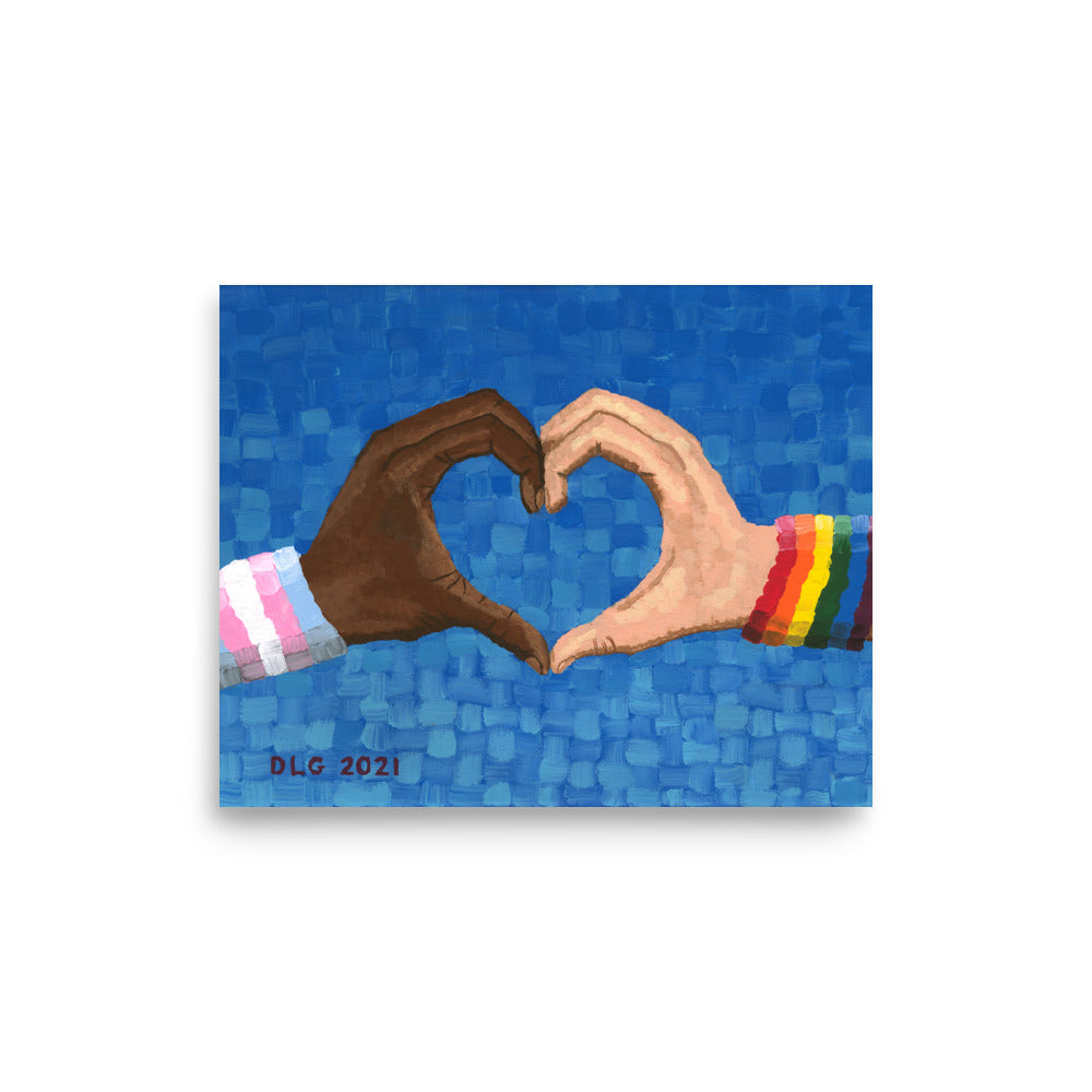 Loving Pride art print displayed in a modern living room — LGBTQ wall art and canvas wall hanging that adds warmth, love in art, and pride to home decor.