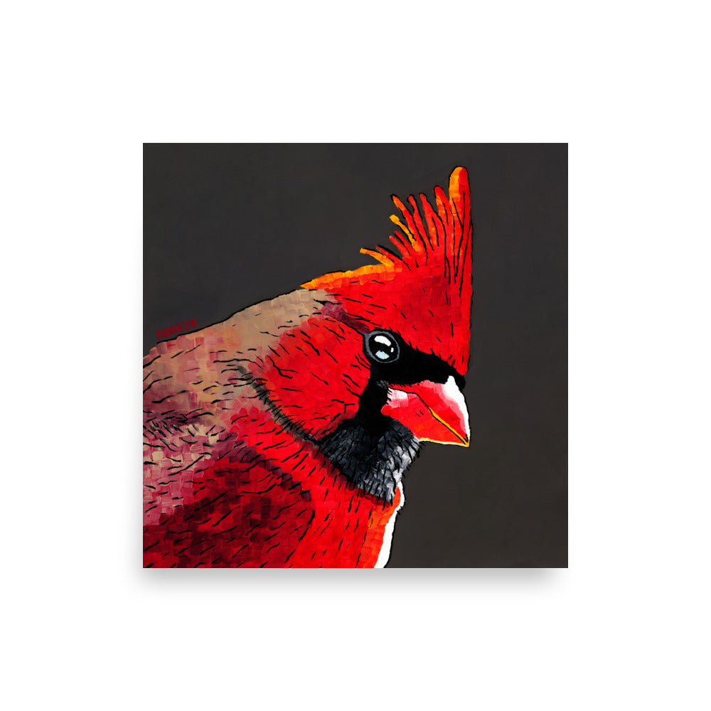 Red cardinal art print featuring a bold painting of a cardinal bird on a dark background – perfect for cardinal prints artwork collectors and bird lovers