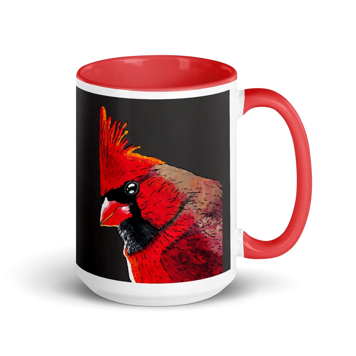 Ceramic coffee mug with vibrant red cardinal painting on black background, red interior and handle