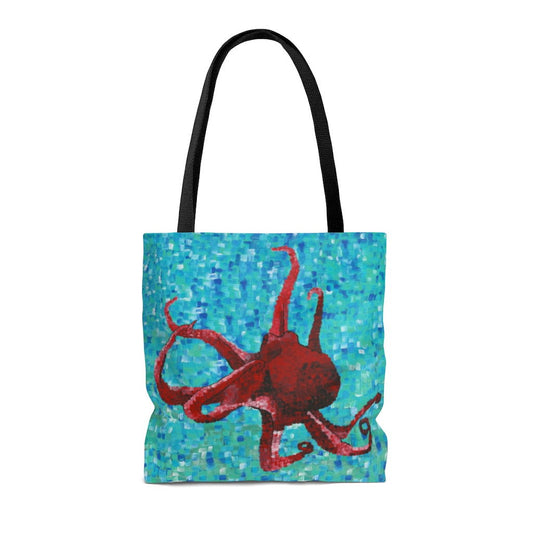 Close-up of Red Octopus tote bag print artwork showing bold artwork colors, high quality art, and painting prints detail.