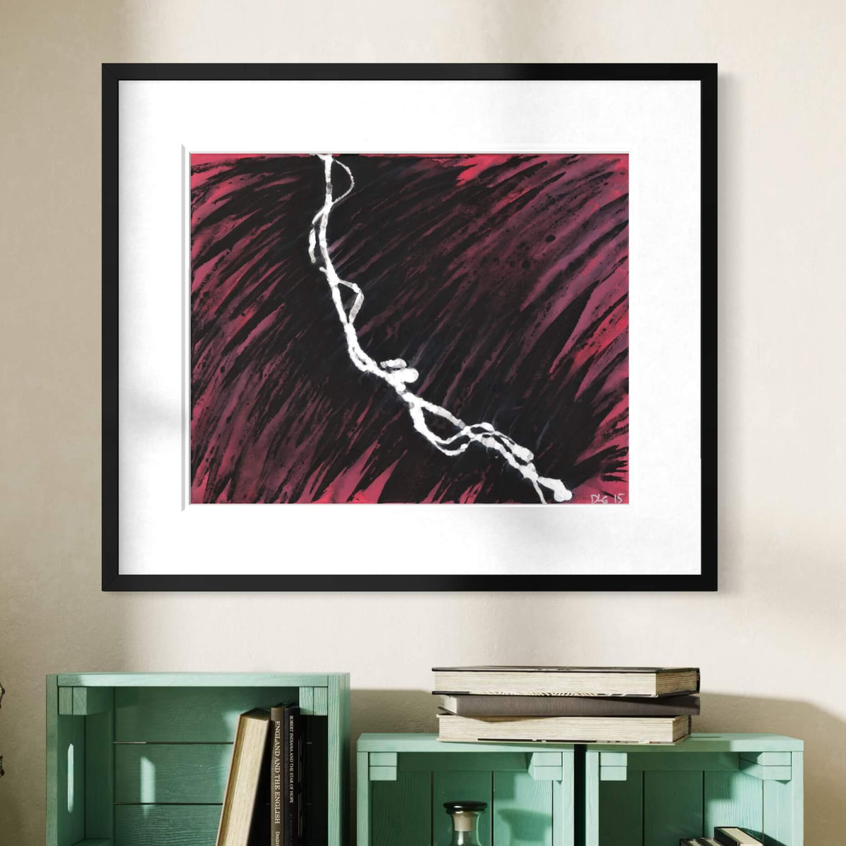 Smoke Pink framed print displayed above mint green crates styled with stacked books