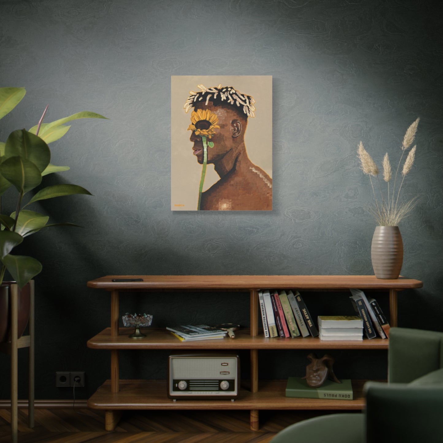 Sunflower Vision canvas art displayed on a living room wall – bold sunflower wall print bringing expressive wall art energy to modern home decor.