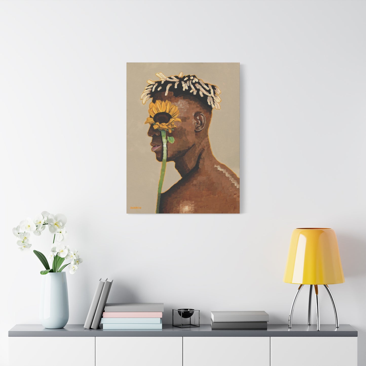 Sunflower Vision canvas art hanging on an office wall – expressive sunflower painting print creating a bold focal point in a professional workspace
