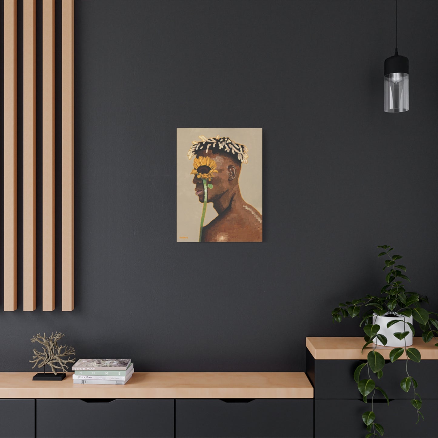 Sunflower Vision canvas art displayed on an office wall – bold sunflower painting print adding expressive wall art to professional and creative spaces