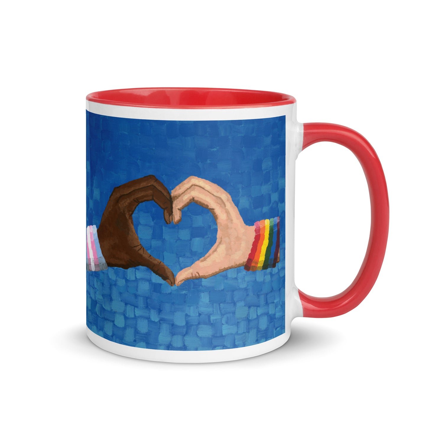 Top view of the Loving Pride mug filled with coffee — perfect for those who say "love this art" and enjoy meaningful, expressive drinkware.