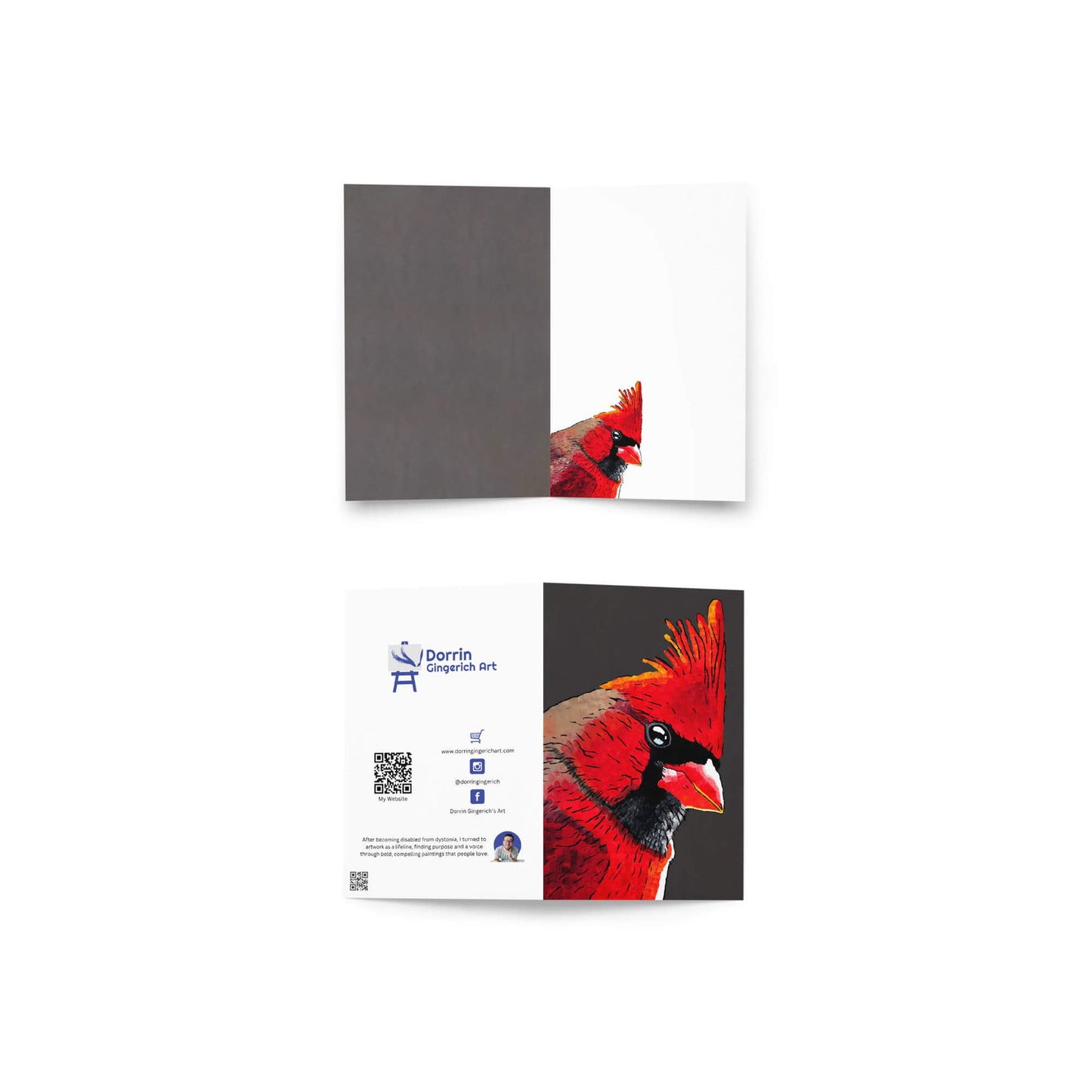Two red cardinal greeting cards shown side by side – vibrant cardinal prints artwork and red bird greeting cards for nature-inspired correspondence