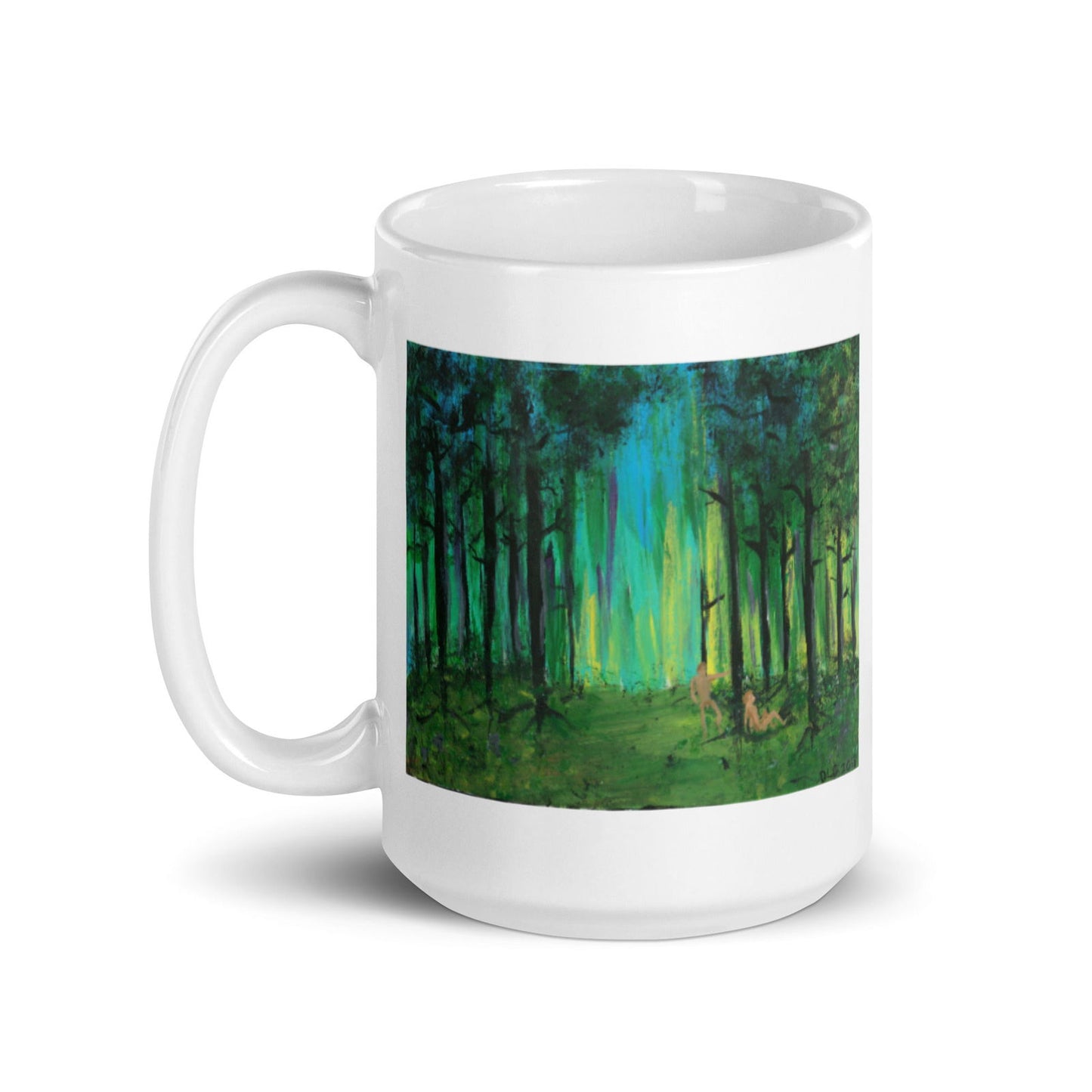 Close-up of Two Men in Forest mug – print artwork with bold artwork colors and vibrant artwork inspired by nature prints.