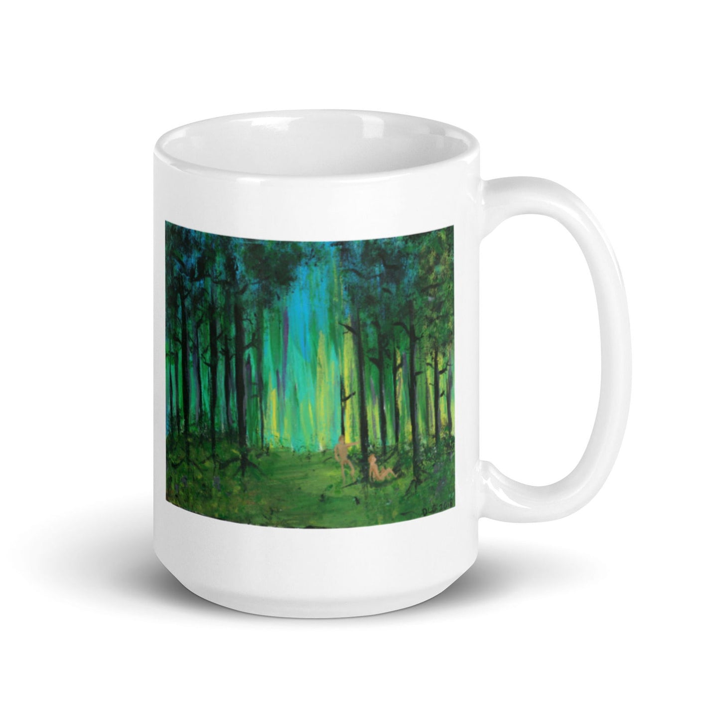 Handle detail of Two Men in Forest mug – unique artwork and affordable artwork printed with fine art prints quality.