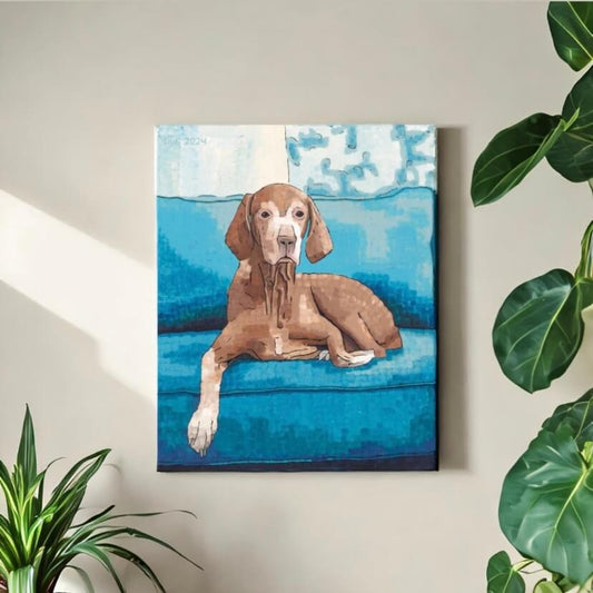 Beautiful Vizsla dog painting displayed above a couch — captures the art of dogs with premium canvas art for sale.