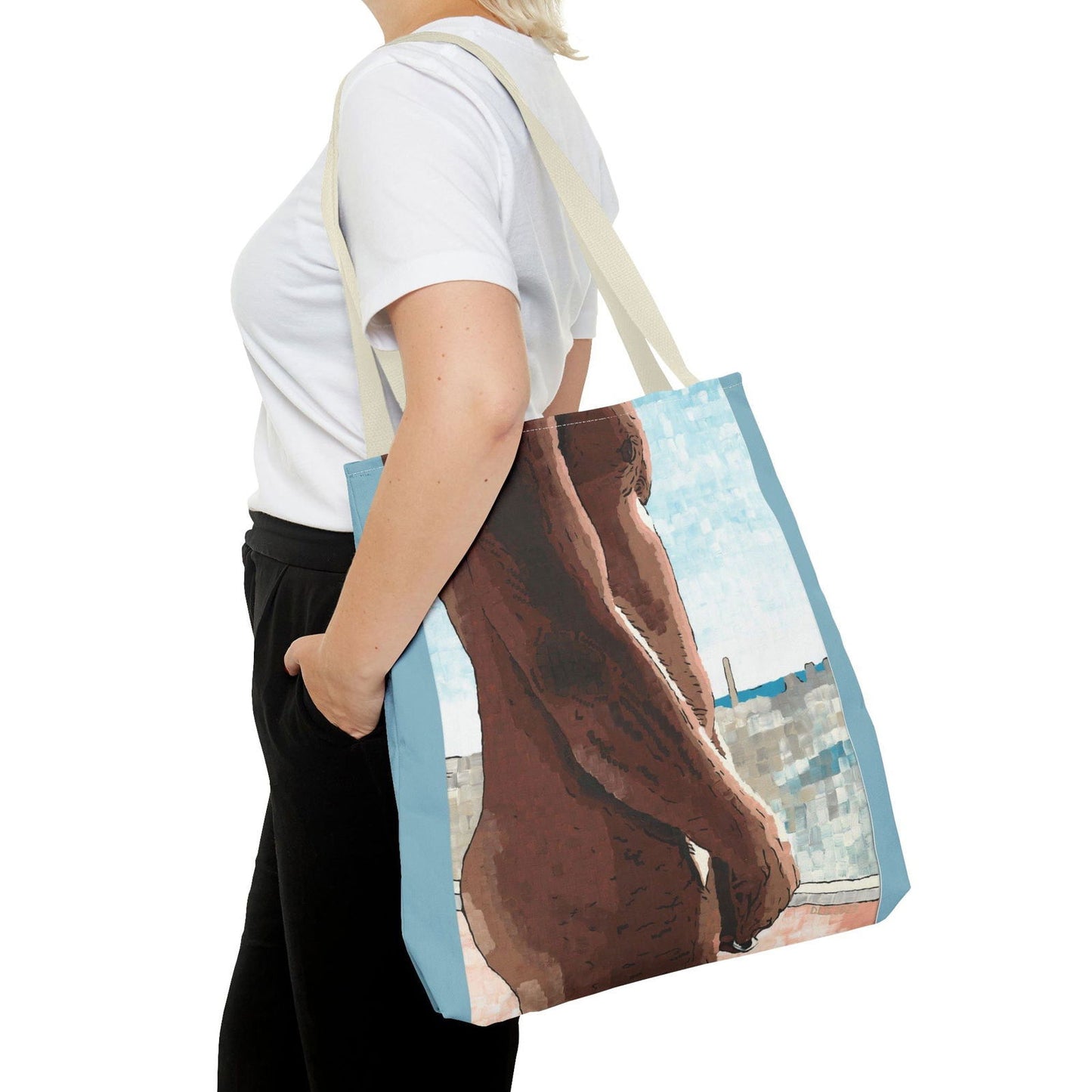 Woman carrying Naked Window tote bag on shoulder – affordable artwork and unique print for daily fashion and function.