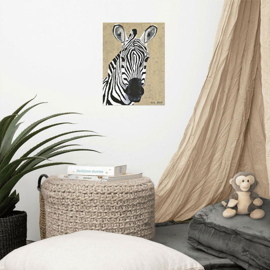 Zebra 1 art print framed and styled above a sofa — this zebra wall art adds bold contrast and elegance to your paintings for home decor collection.