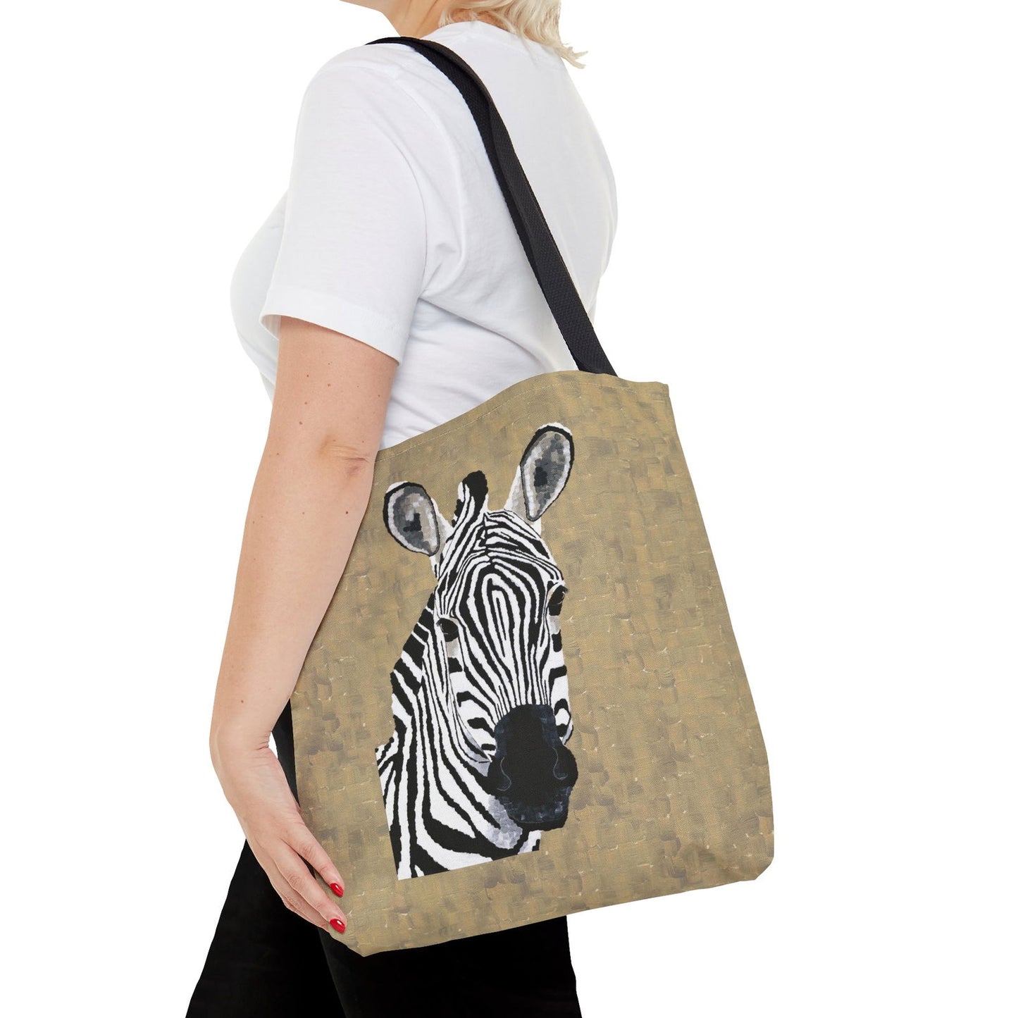 Female model with Zebra 1 tote bag over the shoulder — clean zebra canvas prints design for everyday minimalist fashion.
