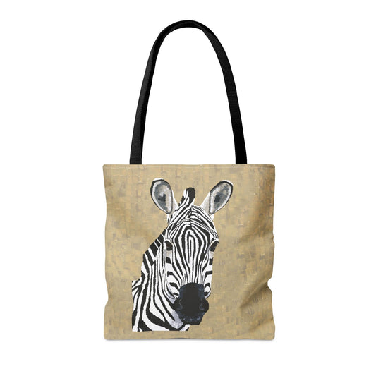 Angled close-up of Zebra tote bag’s bottom corner — features clean lines of zebra print artwork, inspired by animal wall art.