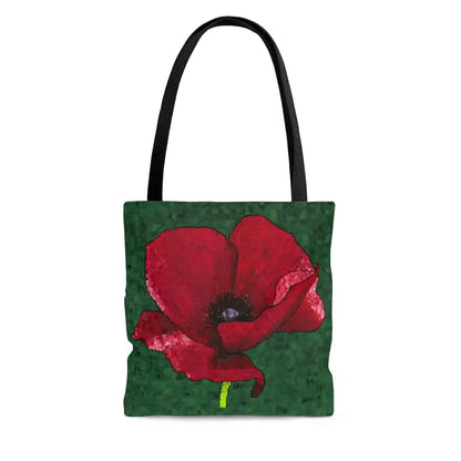 Poppy 1 Tote Bag with a flower design, ideal for everyday needs. Made from durable polyester, it features boxed corners and black cotton handles for easy carrying. Available in small, medium, and large sizes.