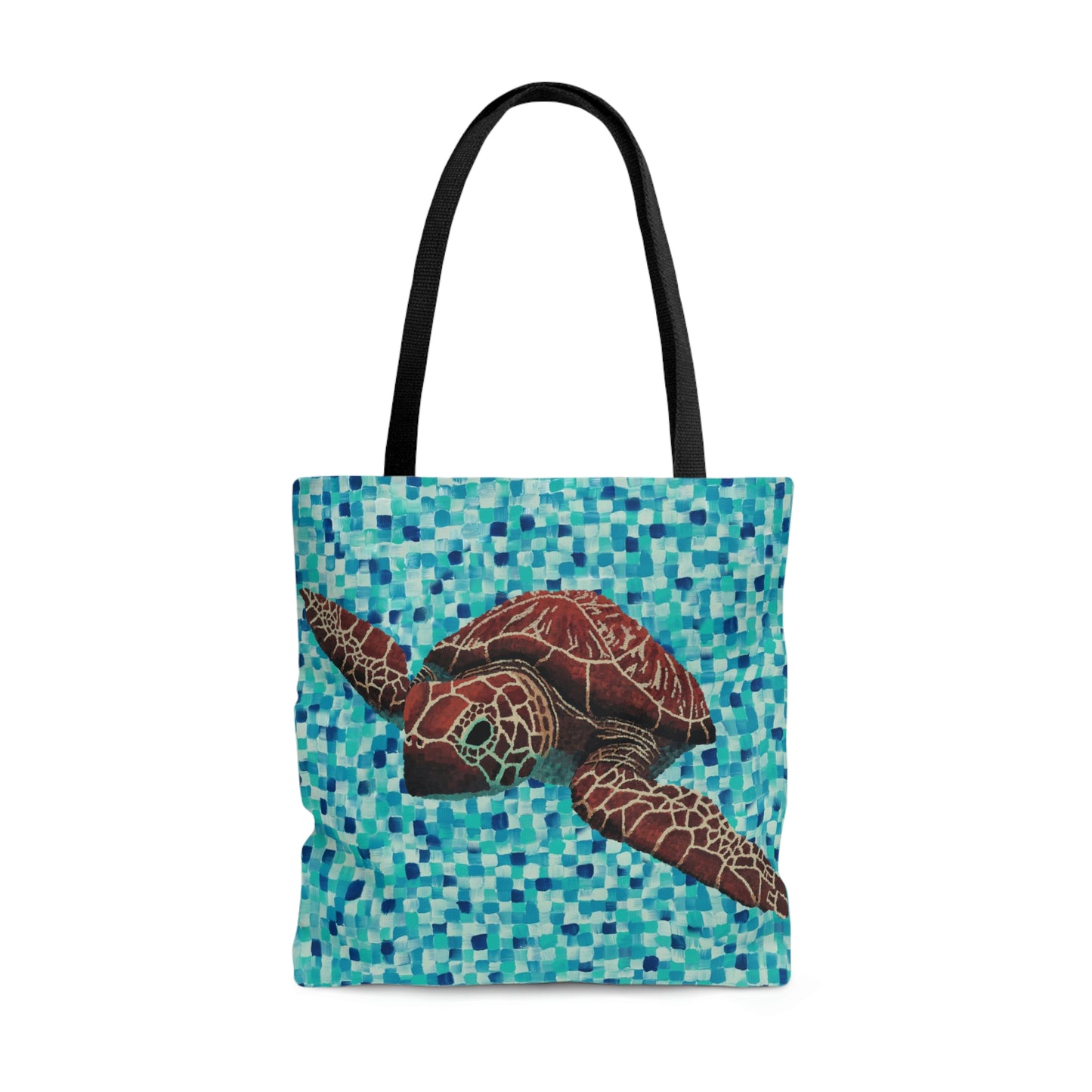Sea Turtle 1 Tote Bag with all-over print, boxed corners, and black handles. Made of durable 100% polyester for beach or town.