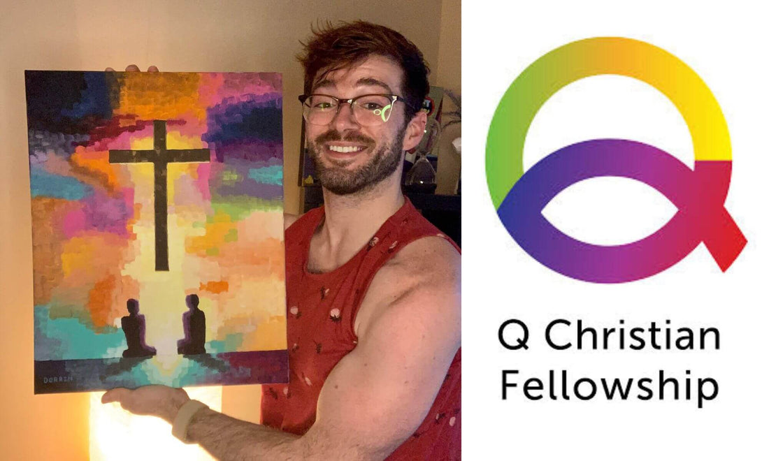 Dorrin Gingerich presents the painting "Sanctuary" alongside the Q Christian Fellowship logo, symbolizing faith and creativity.