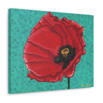Poppy 2 Canvas Print: A vibrant red poppy painted with a unique criss-cross technique, adding texture and depth.