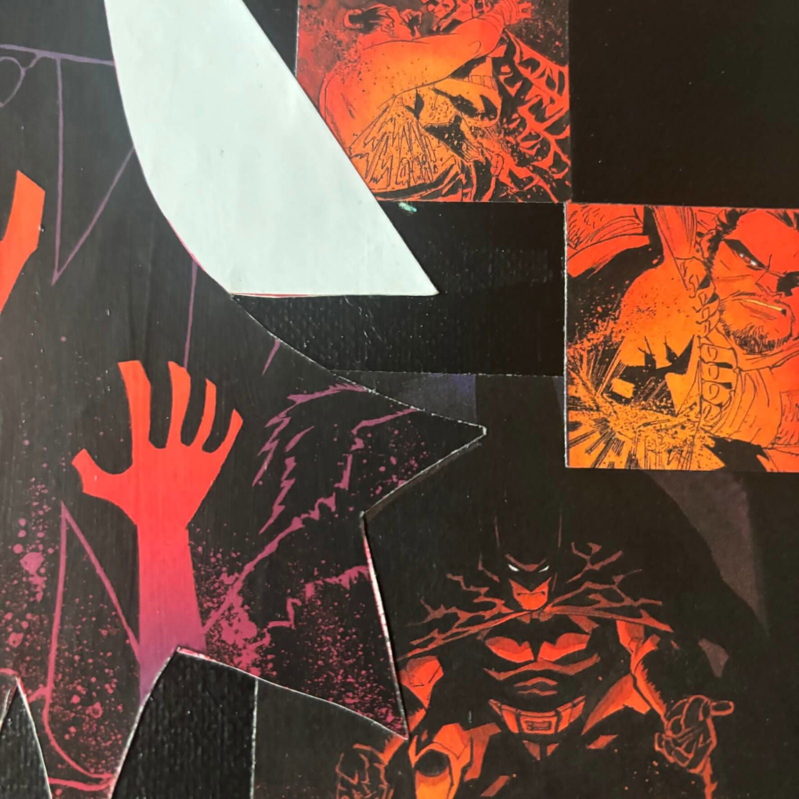 Checkered Batman | Comic Collage | 8x10 | ORIGINAL - Checkered Batman | Comic Collage | 8x10 | ORIGINAL - Dorrin Gingerich Art - A detailed close-up of a checkered Batman comic book collage, featuring the legendary Batman and his iconic logo in vivid colors.