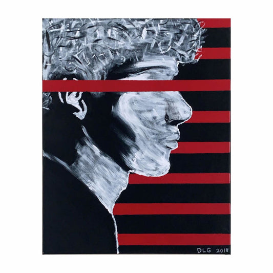 An acrylic painting featuring a stylized, abstract portrait with a black, white, and red color scheme, with the text 'DG 3108' at the bottom.