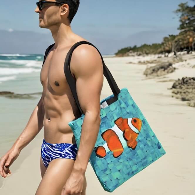 A man in a blue swimsuit holding a tote bag with a clown fish design on it.