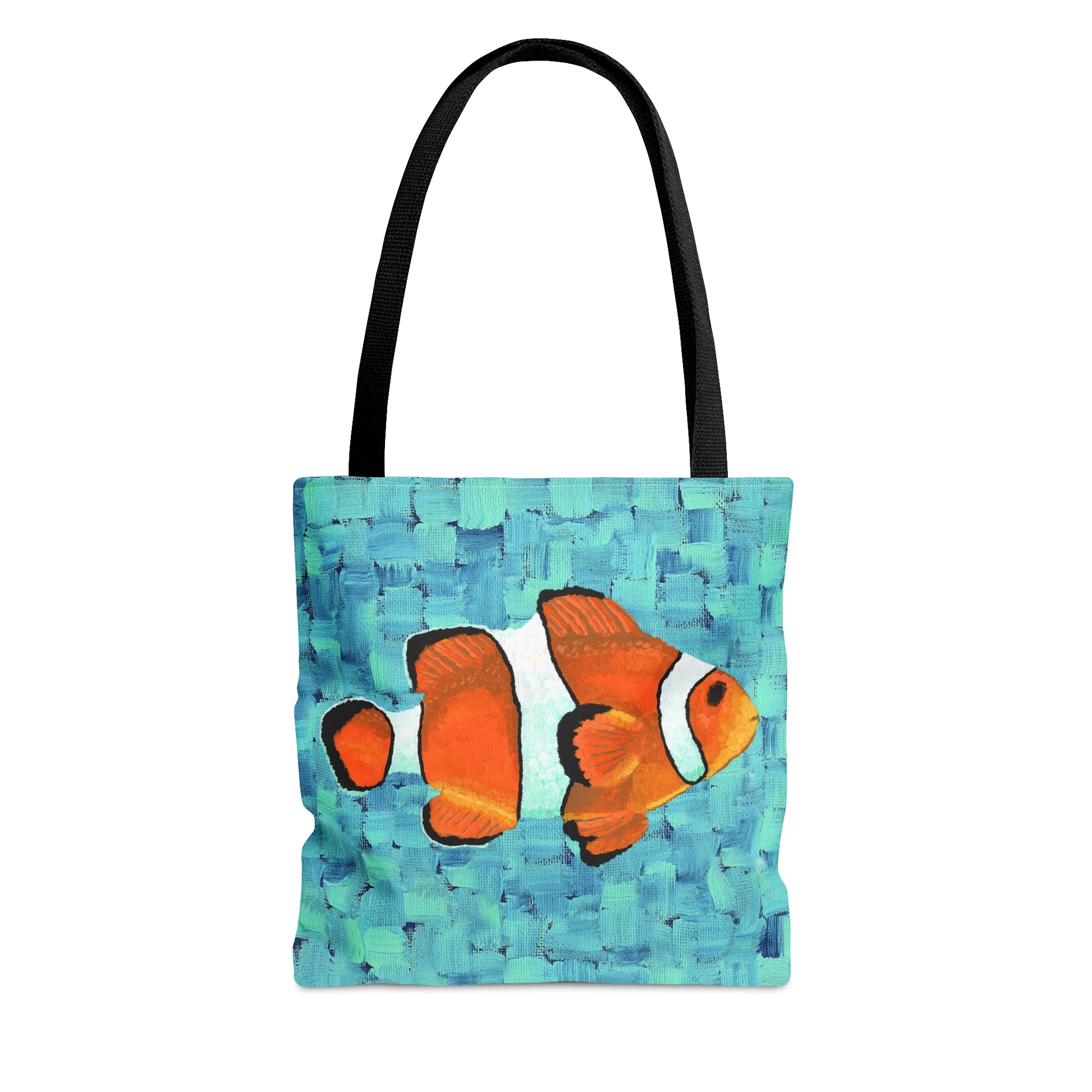 A vibrant orange clown fish tote bag, perfect for carrying your essentials to the beach or aquarium.