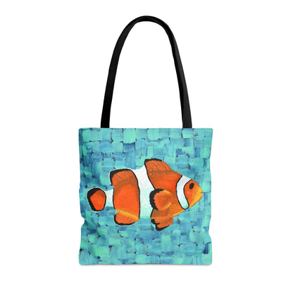 Colorful tote bag featuring an orange clown fish design, perfect for ocean lovers.