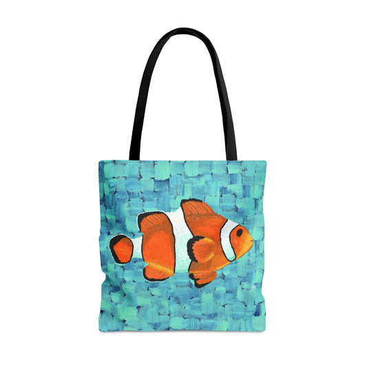 A vibrant tote bag featuring an orange clownfish, perfect for carrying your belongings.